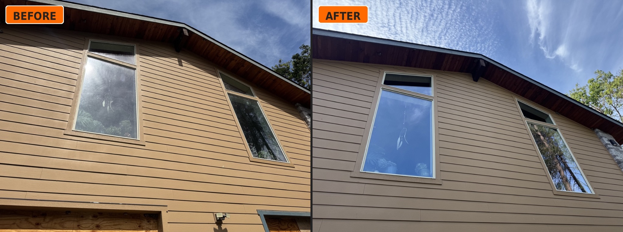 Second story residential window cleaning before and after