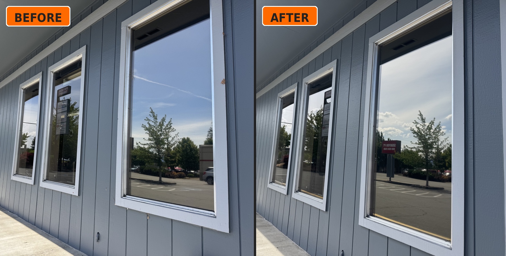 Commercial storefront window cleaning before and after